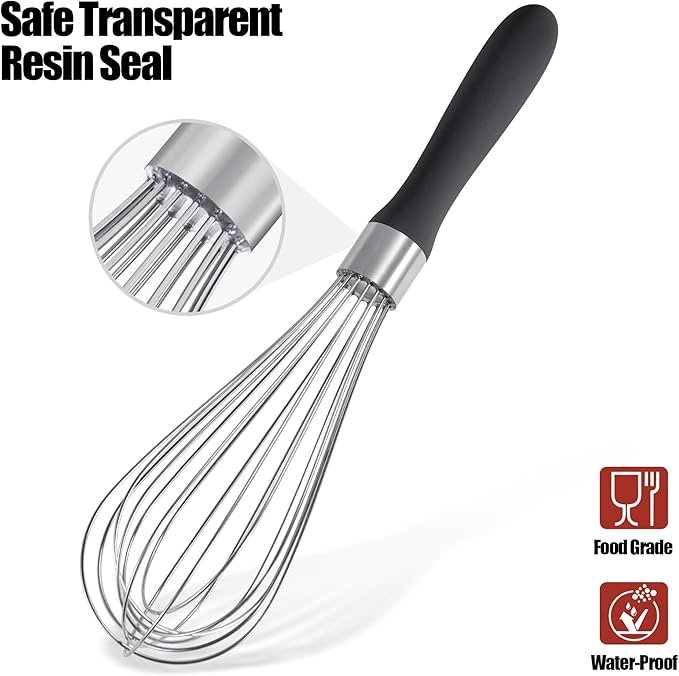 18/8 Stainless Steel Balloon Whisk, Doosu Kitchen Whisk for Cooking Handheld Egg Beater with Rust-Proof Sturdy Wires & Non-Slip Silicone Handle for Beating, Stirring, Blending (8 Wires, Black)