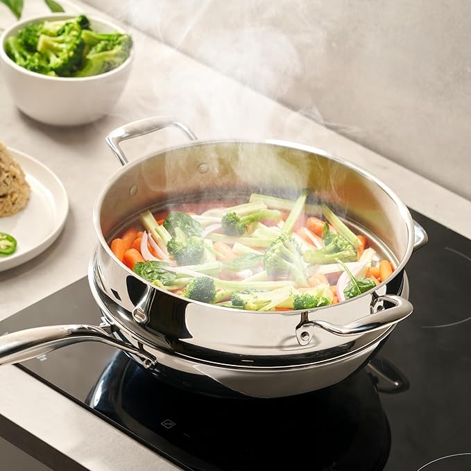 LEGEND COOKWARE Stainless Steel 3 Piece Wok Set | 5 Ply Wok, Induction, Non-Toxic, Oven Safe | Best 18/8 Full Clad | Professional Kitchen Cooking, Heavy Chef Quality | PFOA, PTFE & PFOS Free