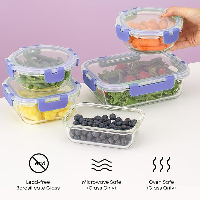 JoyJolt 24pc Borosilicate Glass Storage Containers with Lids | 12 Airtight/Freezer Safe Food Storage Containers for Pantry and Kitchen | Meal Prep Container for Lunch | Glass Tupperware Set