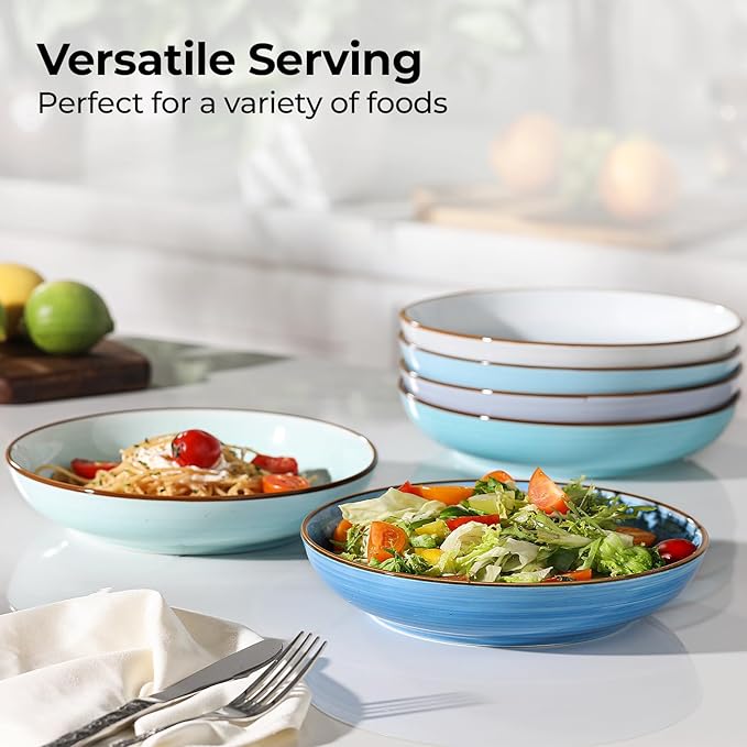 Y YHY 8.5'' Pasta Bowls Set of 6, 30 oz Ceramic Shallow Salad Bowls, Large Serving Soup Bowls Pasta Plates, Microwave & Dishwasher Safe Dinnerware Valentine's Day Gift, Gradient Blue