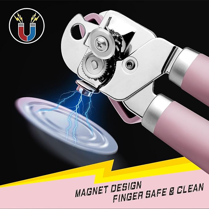 PrinChef Can Opener Manual, Can Tin Bottle Opener with Magnet - No-Trouble-Lid-Lift, Handheld Can Opener Smooth Edge with Sharp Blade, Heavy Duty and Easy to Use, for Seniors with Arthritis, Pink