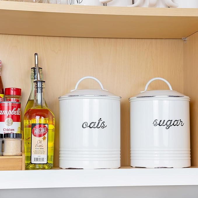 AuldHome Design Farmhouse Enamelware Oatmeal Canister (White); Rustic Distressed Style Oats Storage for Kitchen