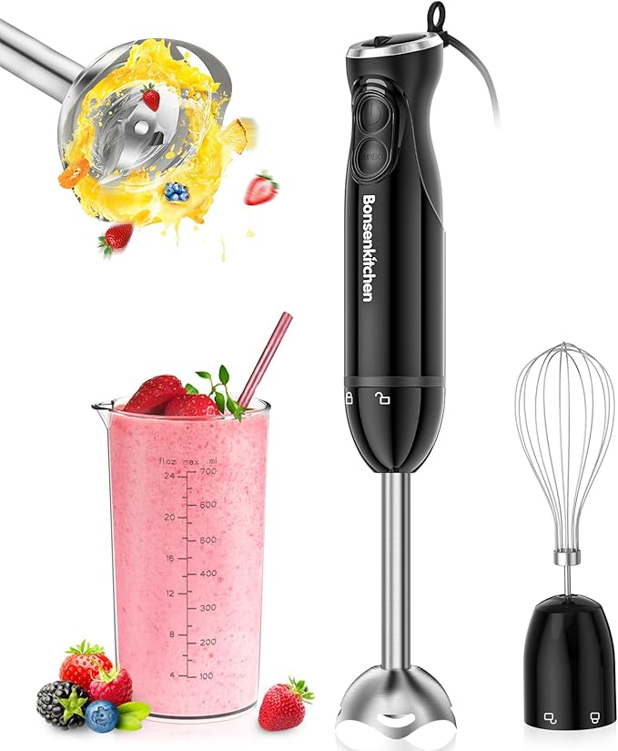 Bonsenkitchen Immersion Blender Handheld, 12-Speed and Turbo Hand Blender Electric with Sharp Blades, 3-In-1 Hand Held Stick Mixer with Egg Whisk, 24oz Beaker for Soups, Smoothies, Sauce