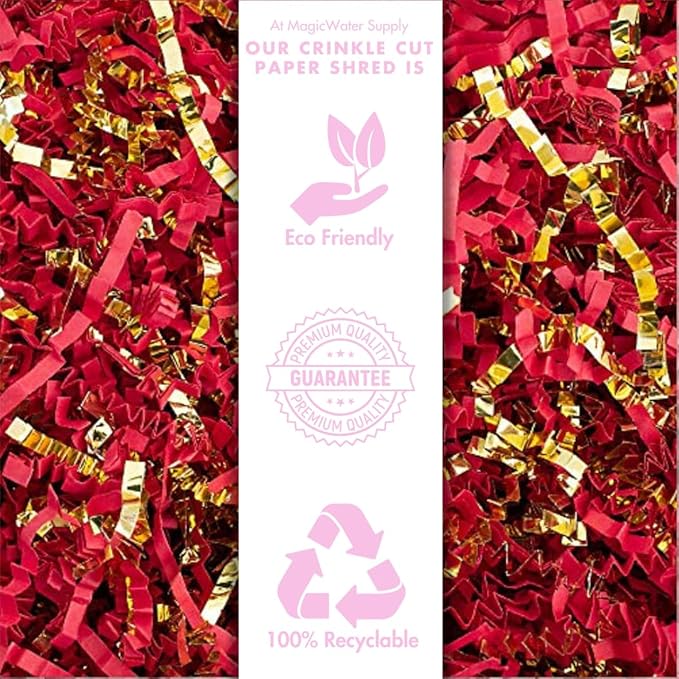 MagicWater Crinkle Cut Paper for Gift Baskets - 2LB - Red & Gold - Perfect for Shredded Paper Filler, Basket Filler, Gift Boxes, Bridesmaid Gifts, Halloween Stuffers & More – Ideal for All Occasions