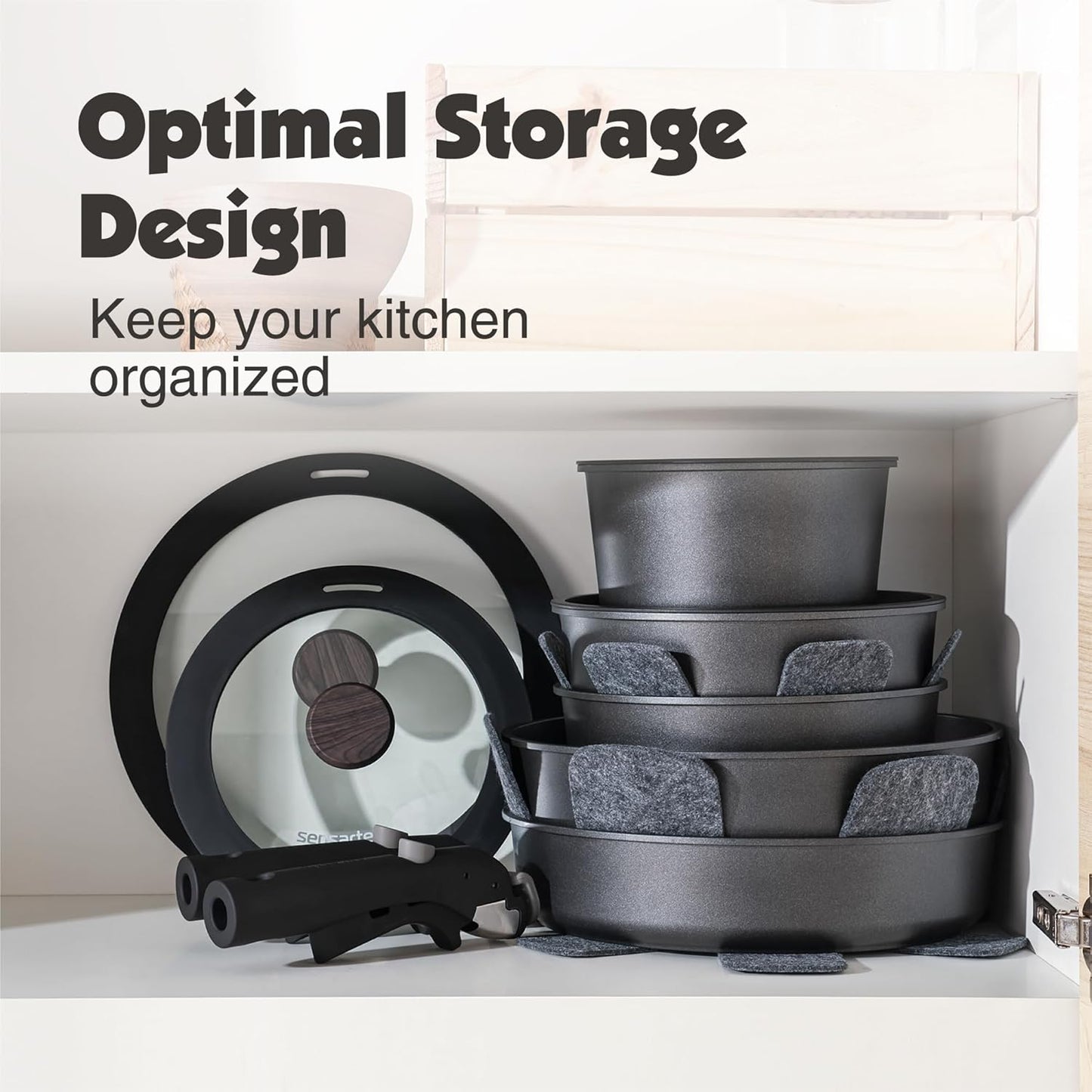 SENSARTE 17 Piece Pots and Pans Set, Nonstick Detachable Handle Cookware Set, Induction Kitchen Cookware Set with Removable Handle, Healthy Non Stick for RV, Dishwasher ＆ Oven Safe, PFOA Free (Black)