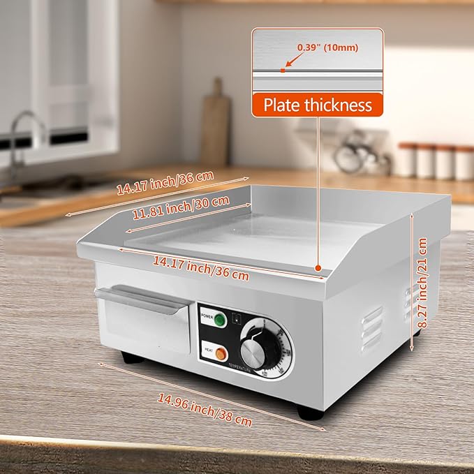 14" Commercial Electric Griddle,Electric Countertop Flat Top Griddle,110V 1500W Electric Flat Top Grill,Non-Stick Restaurant Teppanyaki Stainless Steel Grill,Adjustable Temperature Control