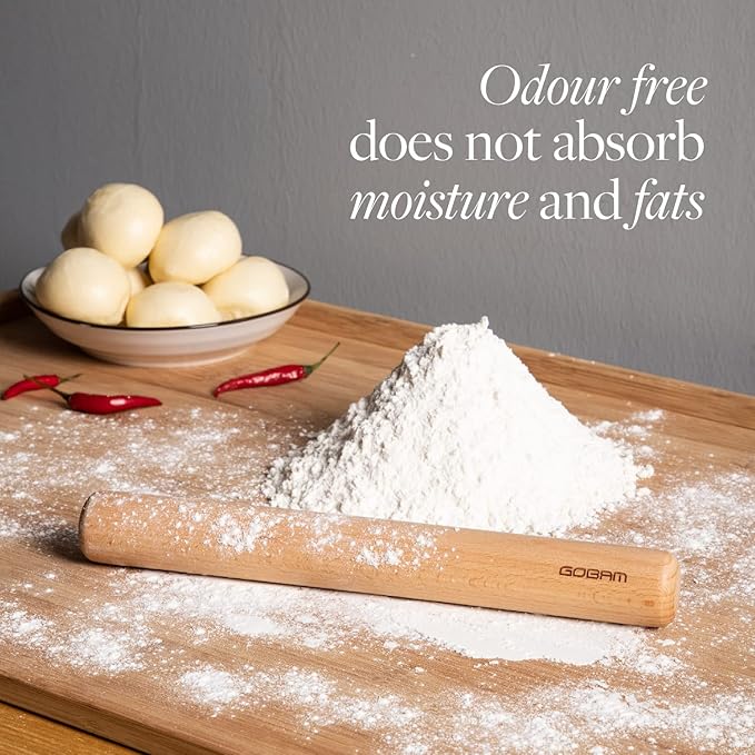 GOBAM Wood Rolling Pin, Medium - Dough Roller for Pasta, Cookies, Pie, Pizza, Chapati, Fondant, Rolling Pins for Baking, Bread Making Tools and Supplies - 13 x 1.38 Inches