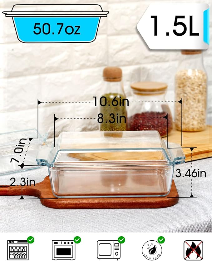 NUTRIUPS Rectangular Glass Casserole Dish With Lid Glass Bakeware Microwave Casserole Dish Lidded Oven Cookware (1.5L)