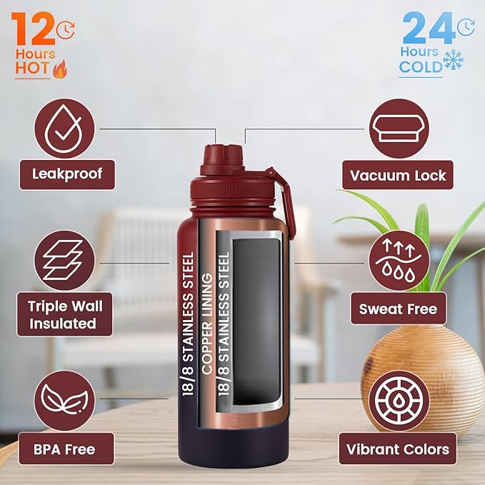 Lexlion 32 Oz Triple Walled Insulated Stainless Steel Fruit Infuser Water Bottle, 100% Leakproof, 3 Lids, Infuser, Silicone Sleeve, Metal Mug Gallon