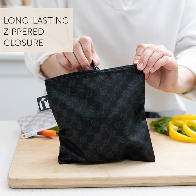 Roamio Reusable Sandwich and Snack Bags, for Kids School Lunch and for Adults Portion, Washable Fabric, Waterproof Cloth Zip Bag, Travel Pouch, Food-Safe Storage,4-pack Set Black Check and Off White