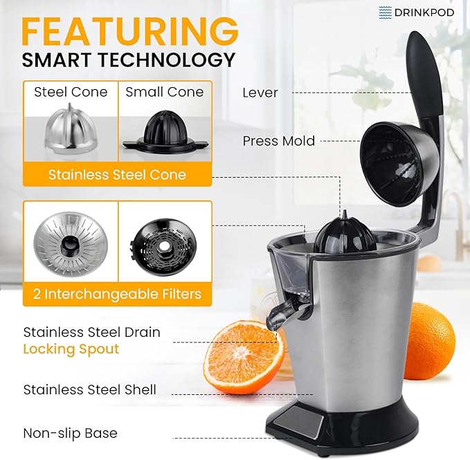 DRINKPOD Premium Electric Orange Juicer | Stainless Steel Citrus Squeezer With New Ultra-Powerful Motor and Soft Grip Handle for Effortless Juicing, Auto Shutoff, Dishwasher-safe Parts, Pulp Control