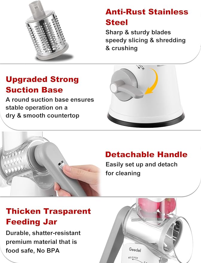 Geedel Rotary Cheese Grater Cheese Shredder - Upgraded 5-in-1 Cheese Grater with Handle and Strong Suction Base, Multi-purpose Vegetable Slicer Ice Shaver Nuts Grinder for Ice, Vegetables, Fruit, Nuts