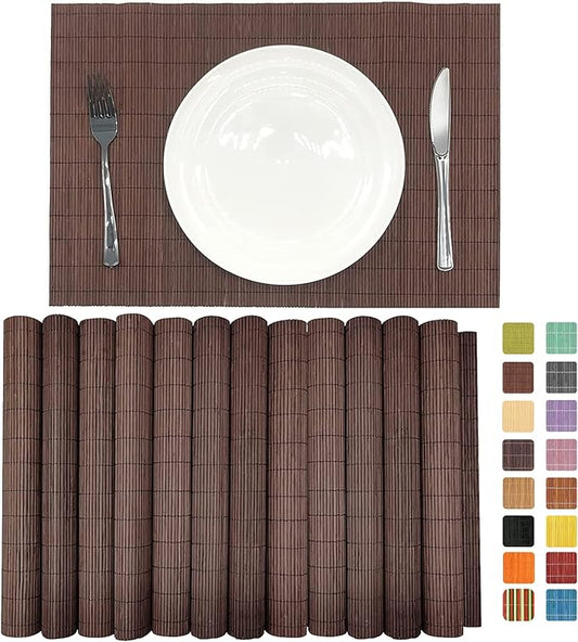 ANDSTAR Set of 12 Pcs Bamboo Placemats Natural Anti-Slip Bamboo Placemats Washable Heat-Resistant Table Mats for Dining Room and Kitchen(Chocolate)