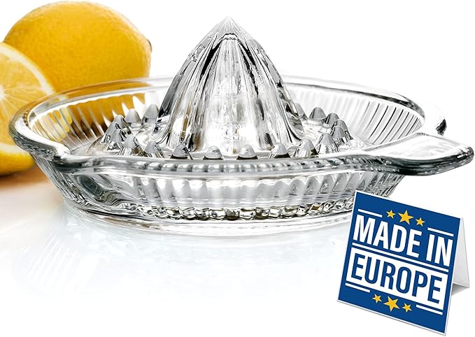 Crystalia Lemon Squeezer, Small Citrus Juicer, Extractor Manual Hand with Handle and Pour Spout, Lead-Free Heavyweight Crystal Clear Glass
