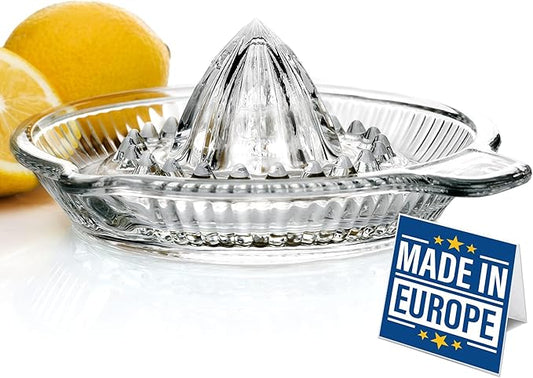 Crystalia Lemon Squeezer, Small Citrus Juicer, Extractor Manual Hand with Handle and Pour Spout, Lead-Free Heavyweight Crystal Clear Glass