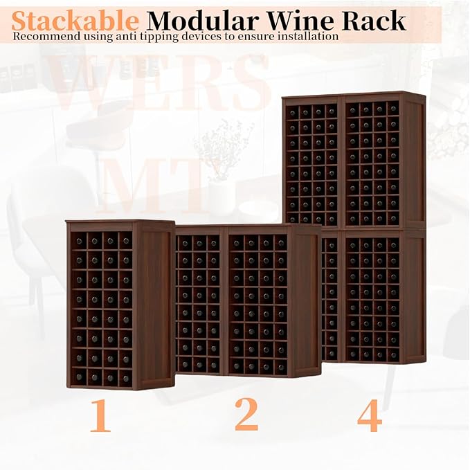 WERSMT 8-Tier Wine Rack Freestanding Floor, 32 Bottles Wood Wine Rack Counter for Small Space, Farmhouse Stackable Modular Wine Bottle Holder Rack, Walnut