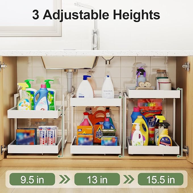 2 Tier Pull Out Cabinet Organizer ,Adjustable Width & Height,Expandable Pull-Out Drawers For Cabinets, Slide Out Shelves for Kitchen Cabinets / Countertop / Pantry,Heavy-Duty & Easy to Install(White)