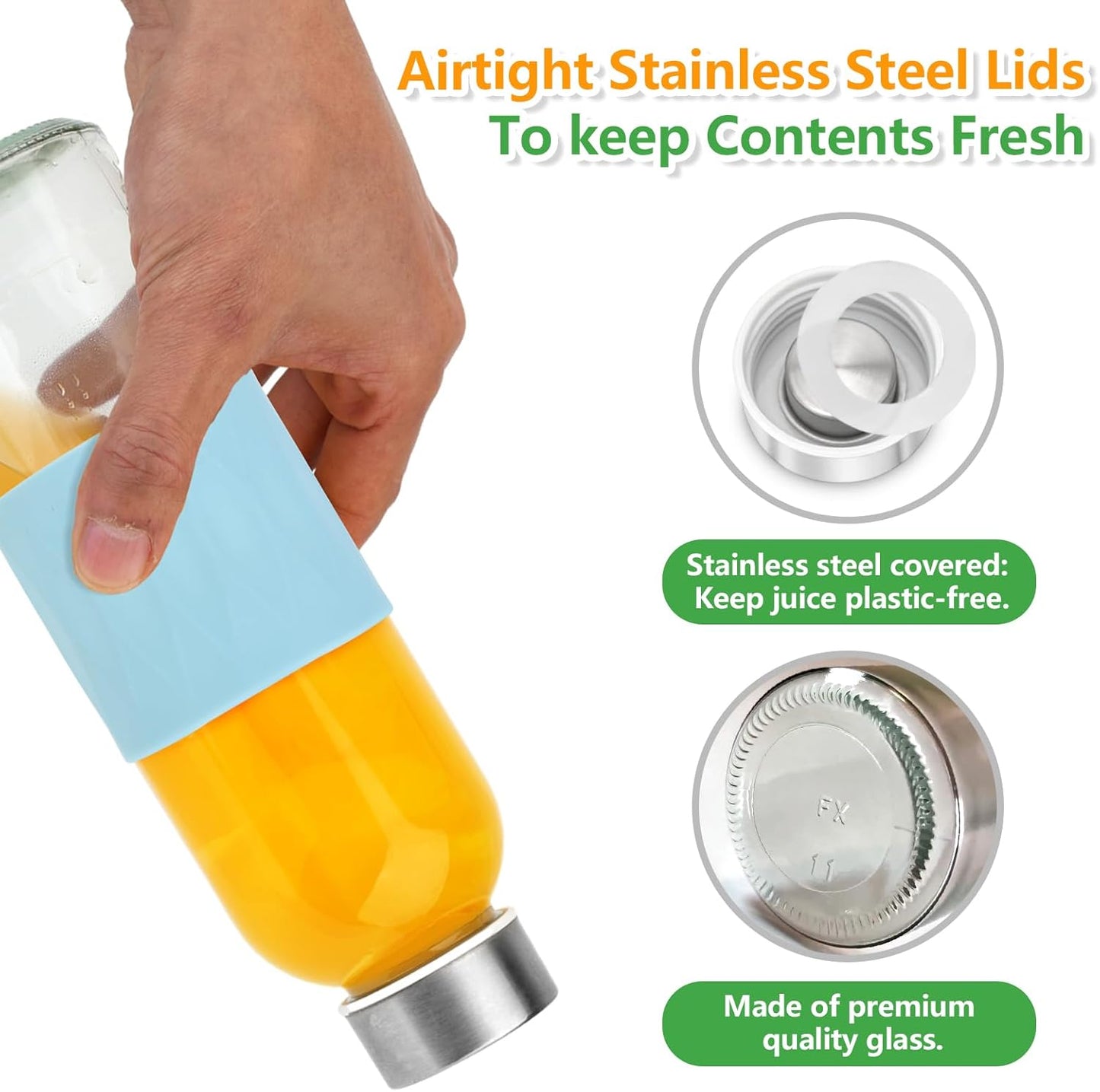 Zukro Glass Water Bottles with Lids 18 oz, Reusable Clear Juice Bottles Stainless Steel Airtight Cap for Juicing, 100% Leak Proof Juice Drinking Jar With Sleeve for Refrigerator, BPA Free, Set of 3
