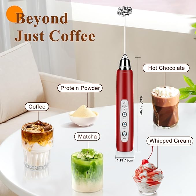 Milk Frother Handheld Rechargeable, Frother Wand Drink Mixer Electric Whisk for Coffee, Detachable With 3 Stainless Whisks, Hand Mixer for Lattes, Cappuccino, Matcha, Egg, No Stand, Red