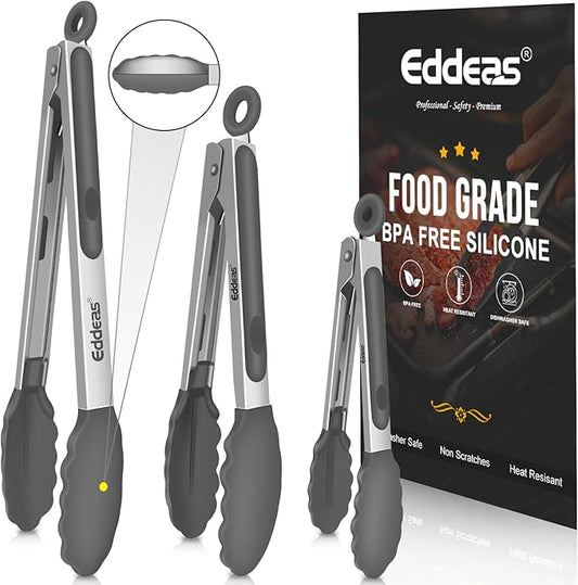 Kitchen Tongs with Silicone Tips - Heat Resistant 600 Degrees Stainless Steel Locking Cooking Tongs with Rubber Tips, Non-Stick Food Tongs for Cooking, Heavy Duty, Set of 3-7" 9" and 12" Grey