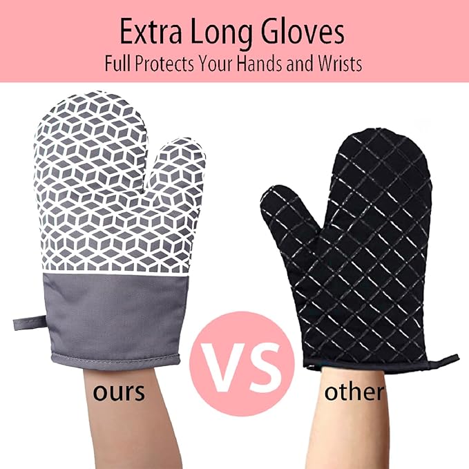 Oven Mitts and Pot Holders Sets 6pcs, Thick Cotton Oven Gloves High Heat Resistant 500℉with Extra Long Oven Mitts and Hot Pads Potholders with Non-Slip Silicone Surface for Cooking Baking