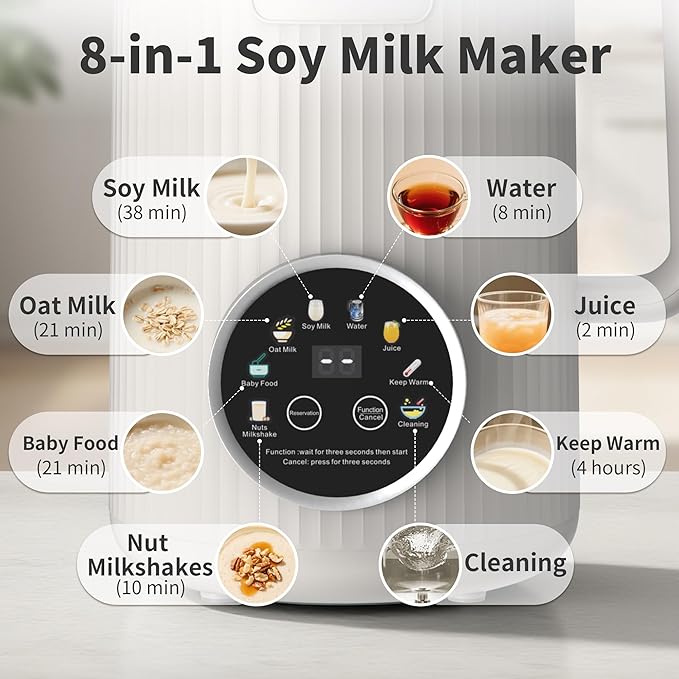 35oz Nut Milk Maker Machine: 8-in-1 Soy Milk Maker with Auto Clean & 20-Blade - Multi-Function Nut Milk Machine with Self-Cleaning, Auto Shutoff, for Vegan Drink (White)