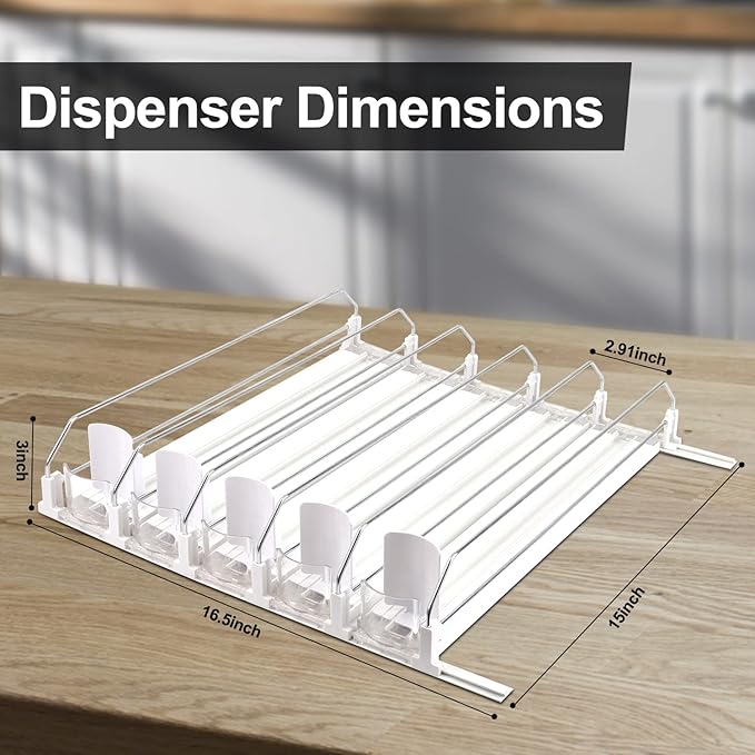 Drink Dispenser for Fridge, Soda Can Organizer for Refrigerator, Adjustable Width Beverage Self-Pushing Glide Rack, Up to 25 Cans Storage for Fridge Pantry (White, 15 Inch, 5 Rows)