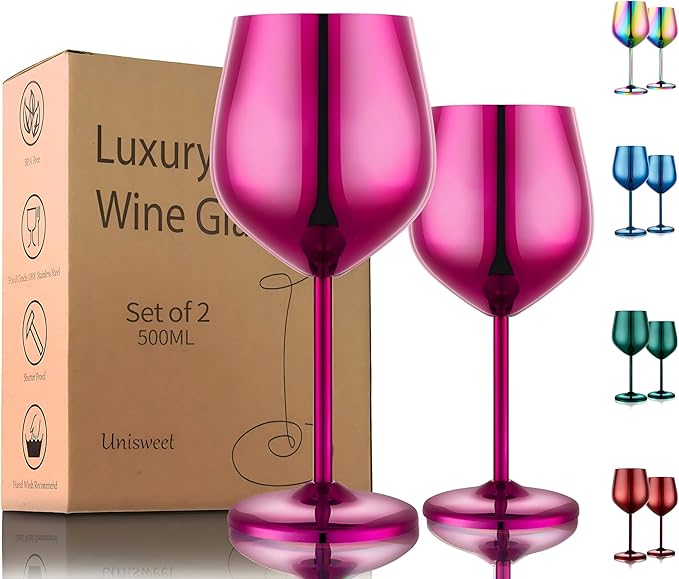 Stainless Steel Wine Glasses Set of 2, 18 oz Unbreakable Purple Wine Glass Unique Metal Wine Goblets for Outdoor Capming and Pool Gift for Wine Lovers