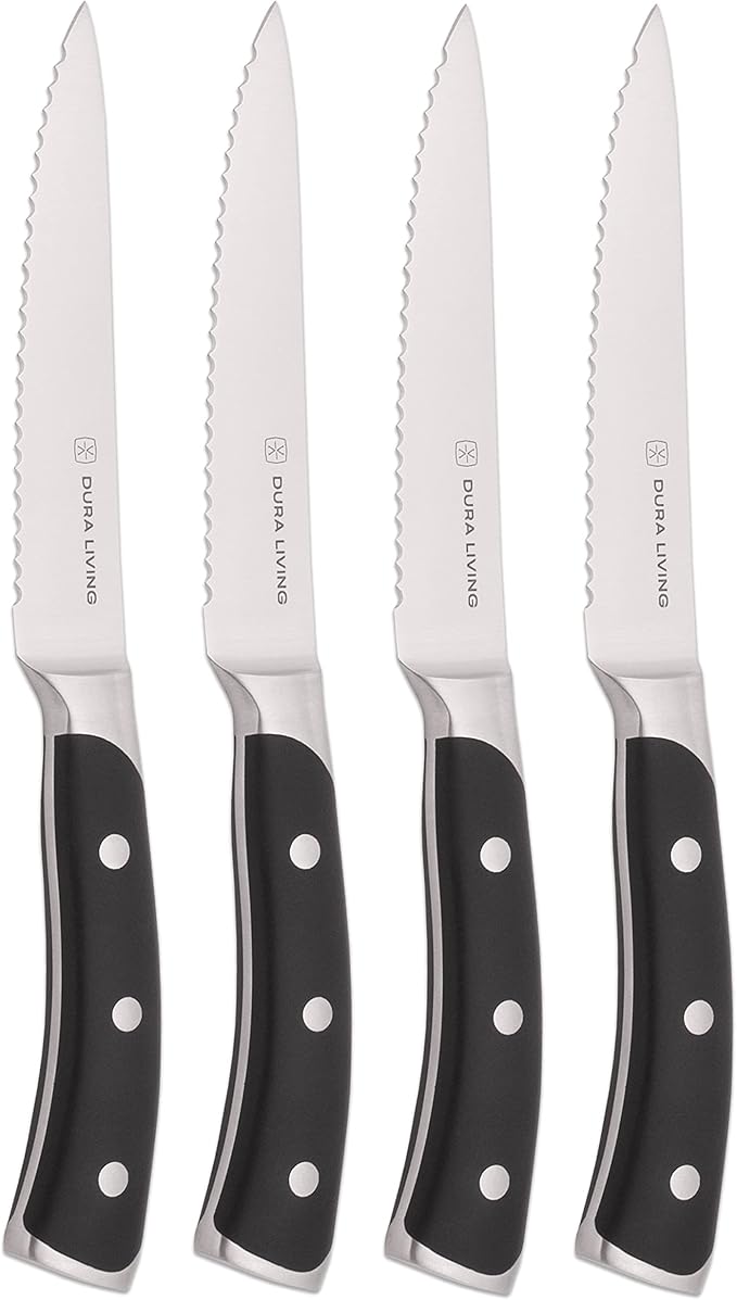 8-Piece Serrated Kitchen Steak Knife Set – Forged High Carbon Stainless Steel, Ultra Sharp, Ergonomic Black Handles, Durable Dinner Knives, Black Handle