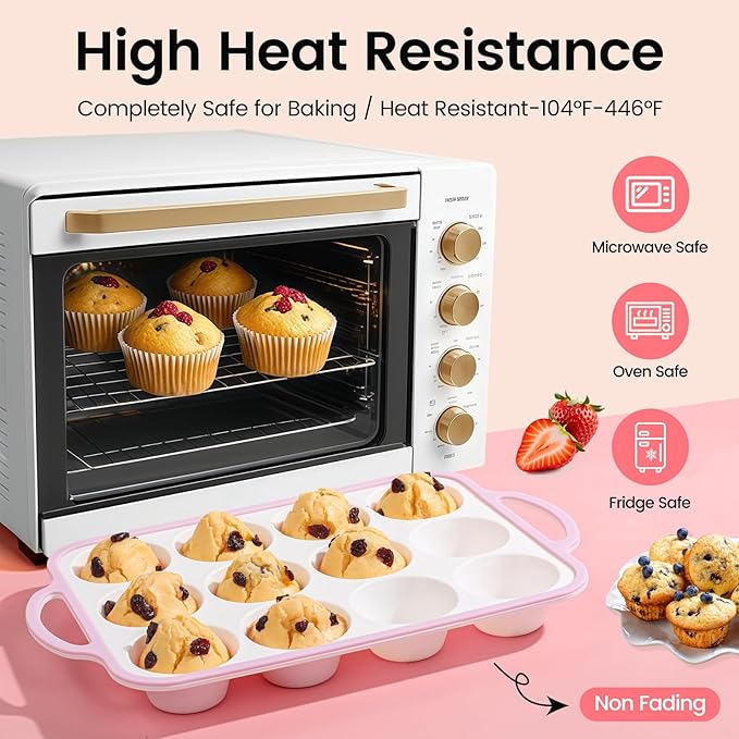 Silicone Muffin Pans for Baking 2 Pack, 2.6 Inch with Metal Reinforced Frame, Regular Size Nonstick Silicone Cupcake Pan for Baking Homemade Muffins, Cupcakes, Dishwasher Safe BPA Free-Pink