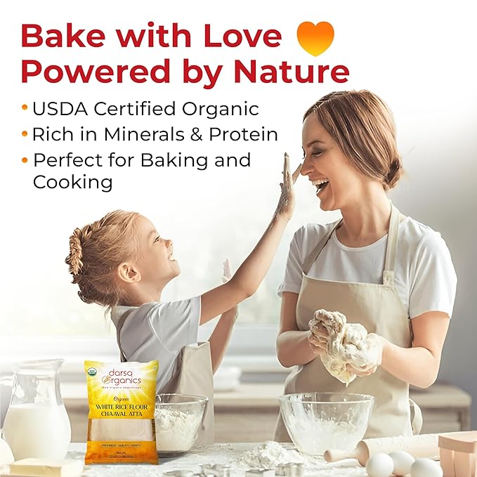 Darsa Organics White Rice Flour - Premium Organic, USDA Certified, Non-GMO, Gluten-Free Rice Powder for Baking & Cooking, Chemical-Free, Long Shelf Life, Food Grade Pouch - 2 lb (908g)