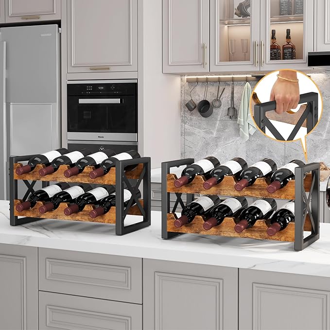 Homeiju 2-in-1 Wine Rack Countertop, Small Wine Rack Organizer Holder, Wooden Wine Rack Inserts for Cabinet, Stackable Wine Rack for Kitchen,Home Bar