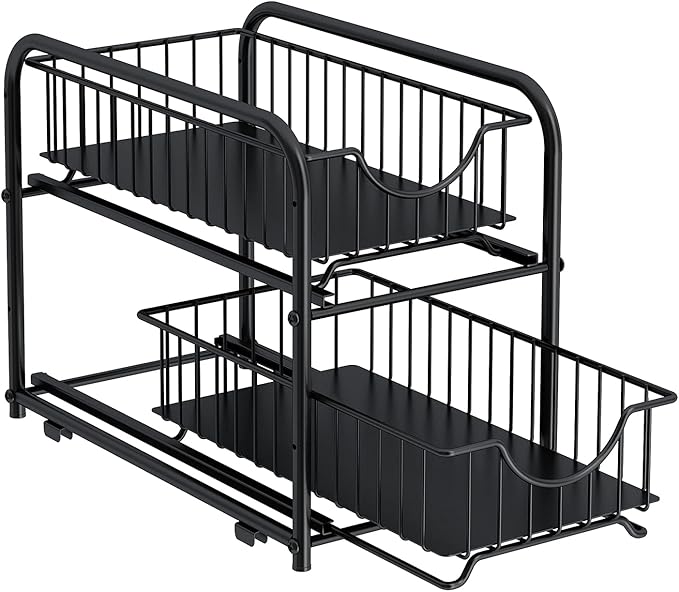 AIYAKA Pull-out Cabinet Organizer, Stackable 2-tier Under Sink Rack, with Sliding Storage Drawer for Pantry, and Desktop, for Bathroom, Kitchen, Office, Black