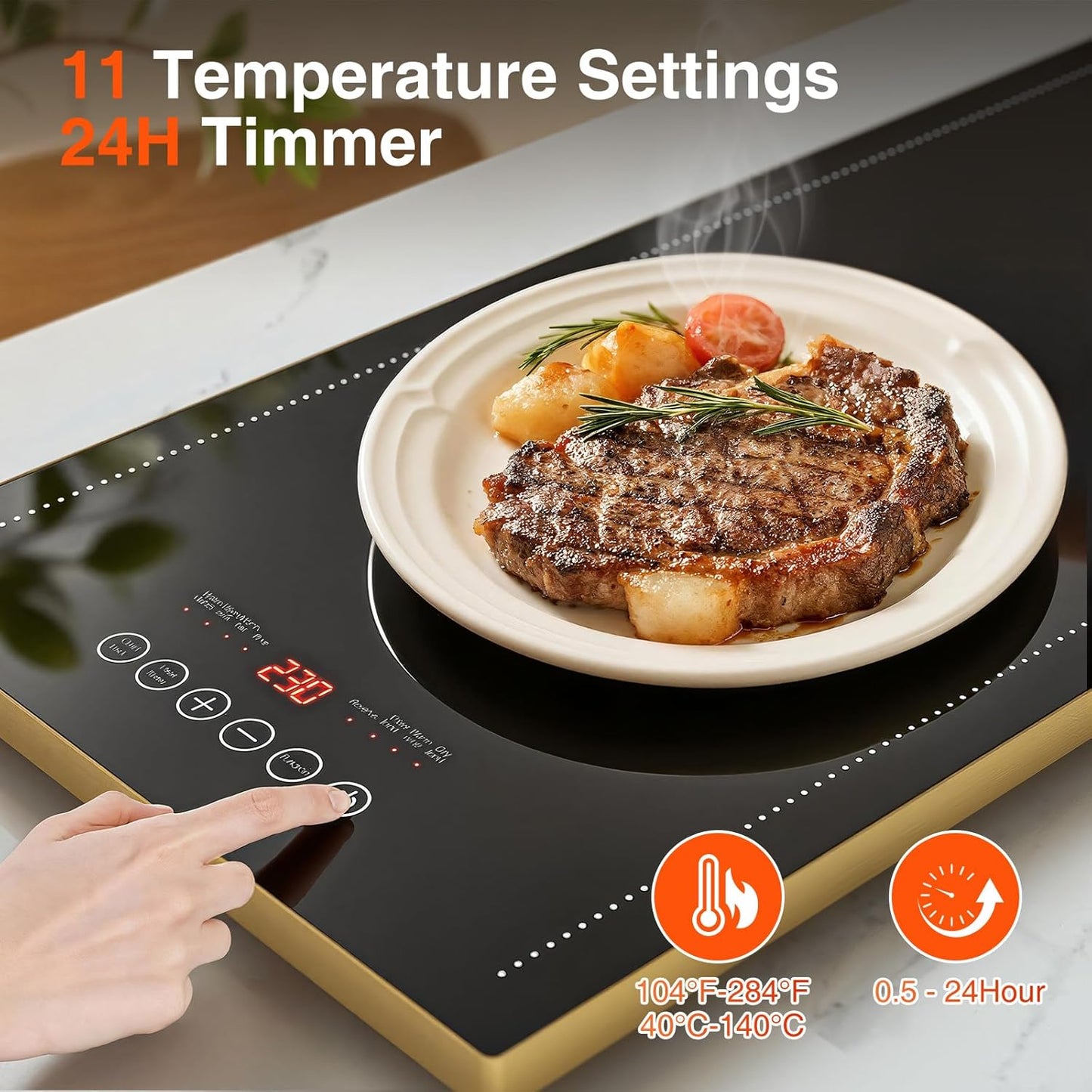 Electric Warming Tray for Buffet, Heats to 100°C in 8s, 11 Temp Settings 40–140°C, Touch Control, 24H Timer, Thermostat and Full Surface Heating, Food Warmer for Parties & Home (Extra Long 32"x18")