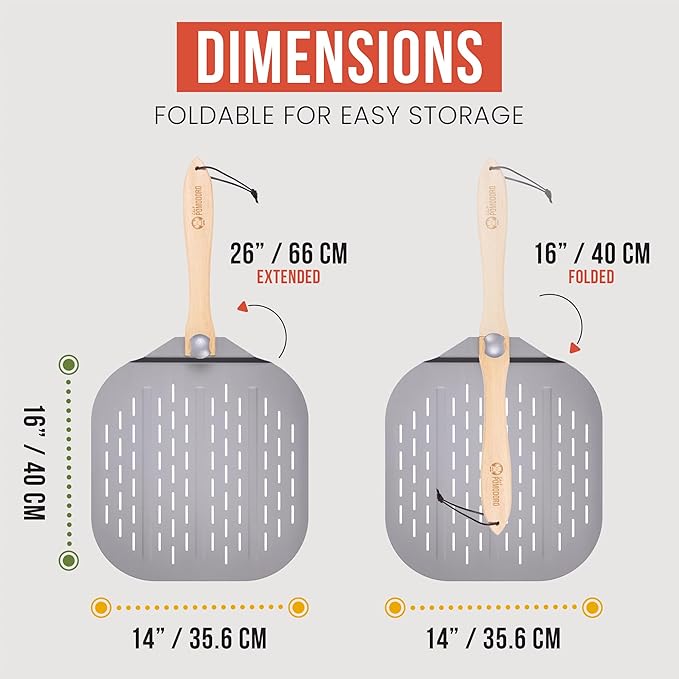 Chef Pomodoro Aluminum Metal Pizza Peel with Foldable Wood Handle for Easy Storage, Pizza Spatula, Gourmet Luxury Pizza Paddle for Baking Homemade Pizza Bread (16 inch)