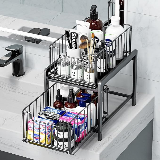 2 Tier Sliding Basket Drawer Organizer, Lxmons Pull Out Under Sink Cabinets Organizers, Metal Home Shelf for Bathroom or Kitchen, Sliding Countertop or Pantry Storage Shelf, Large Black