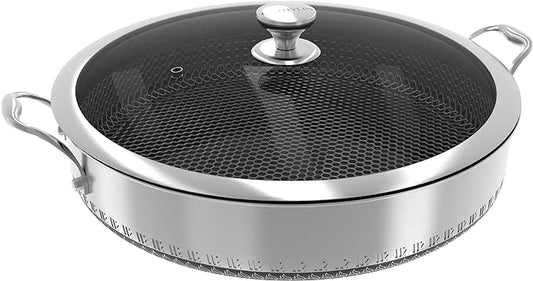 316L Stainless Steel 7QT Saute Pan Hexagon Nonstick Wok with Lid, Two Handle to Hold, PFOA Free, Dishwasher Oven Safe (12.5 inches,7QT)