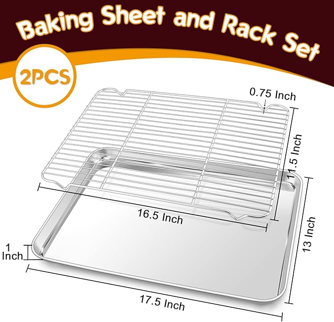 P&P CHEF 17.5 Inch Baking Sheet Pan with Rack Set, Stainless Steel Cookie Sheet Pan Tray with Cooling Rack for Oven Use, Cooking Roasting, Non Toxic & Dishwasher Safe, Heavy Duty