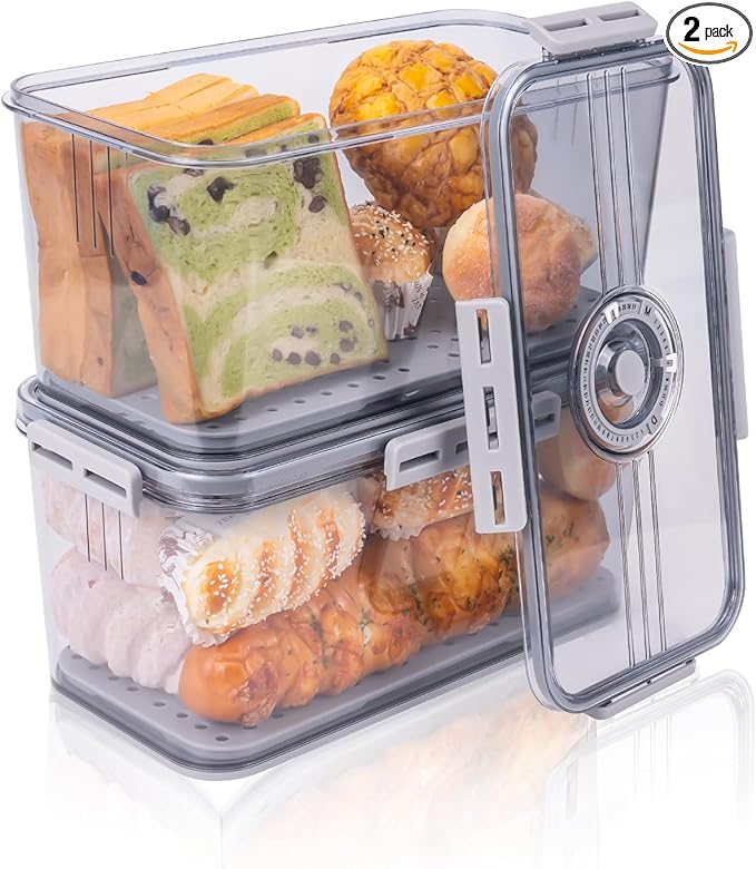 Dynta Bread Box 2 Pack Bread Storage Container Airtight Recording Time Bread Box for Kitchen Countertop Plastic Bread Keeper with Lid for Homemade Bread, Toast, Loaf, Cookies