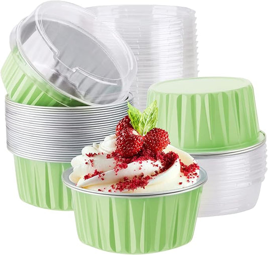 EUSOAR Baking Cups with Lids, 30pcs 5oz Disposable Aluminum Foil Muffin Liners Ramekins Cupcake Baking Cups, Disposable Foil Baking Cups Containers Mini Pie Pans for Creme Brulee or Cupcake-Green