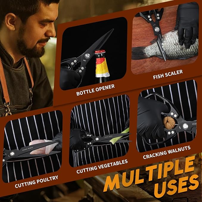 HUUSK Kitchen Scissors Set Black - Upgraded Stainless Steel Kitchen Shear, Sharp Meat Scissors, Heavy Duty Poultry Shears, Japanese Cooking Scissor for Food, Chicken Bones, and Turkey, Dishwasher Safe