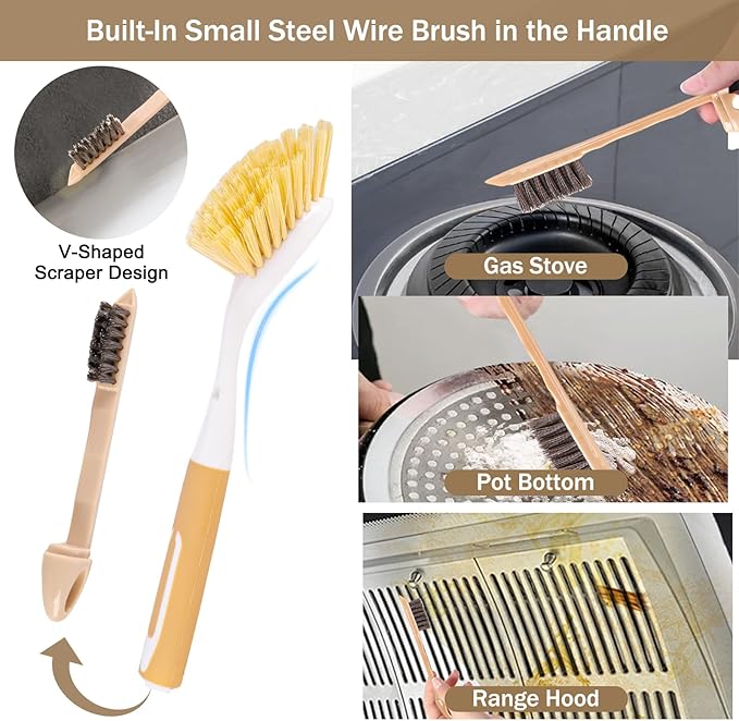 Dish Brush with Detachable Small Steel Wire Brush and Pan Scraper, Home Kitchen Scrub Brushes with Long Handle for Household Cleaning Dishes, Pots, Stovetop, Grill, Sink Scrubber (2-Pack)