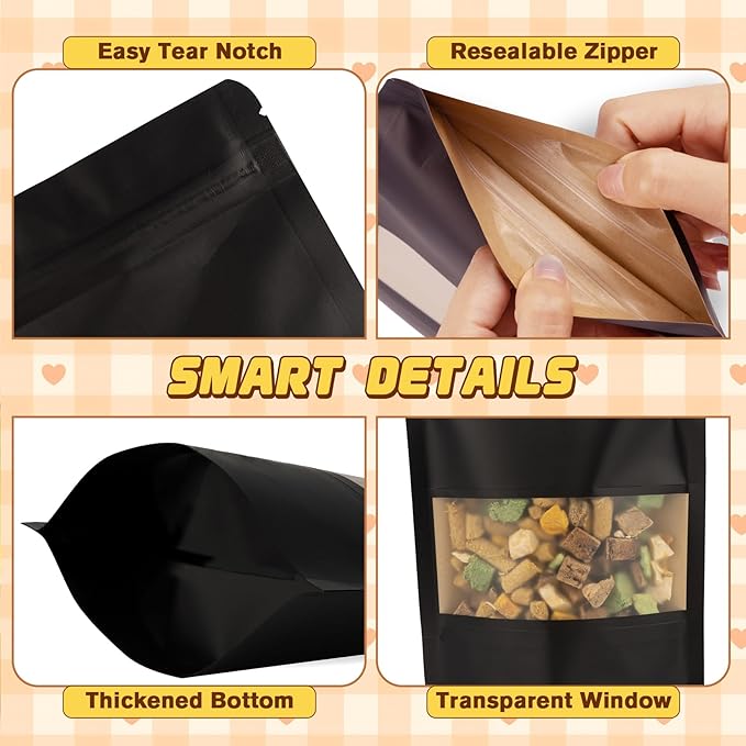 Jetmore-50pcs-Smell-Proof-Bag, Resealable Zip Lock Bags Various Sizes, Reusable Snack Bags, Stand Up Packing Bags with Window, Small Brown Paper Pouches for Candy, Nuts, Spice, Sample, Product