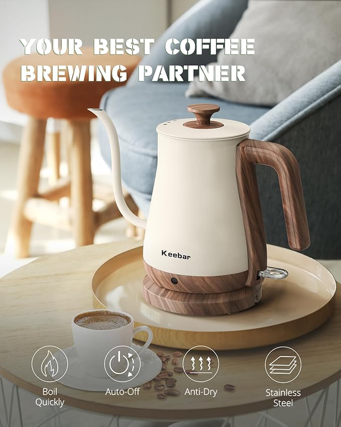 Gooseneck Electric Kettle Beige, 1000W Electric Tea Kettle Stainless Steel, Pour Over kettle for Coffee, Wood-like Grain Finish Handle, Hot Water Kettle, Auto Shut Off, 0.8L, Beige