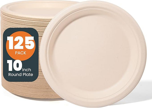 100% Compostable Plates - 125-Count Heavy Duty, Biodegradable Bagasse Plates - Eco Friendly and Sustainable (Natural, 10 inch)