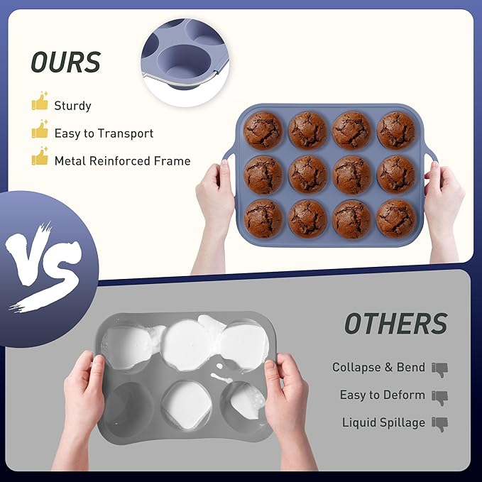 2 Packs 12 Cups Silicone Muffin Pan with Metal Reinforced Frame Regular Size Cupcake Pan Tray Egg Bites Silicone Circle Cookie Molds Muffin Tin Bread Loaf Pans for Homemade Reusable Tart Pans