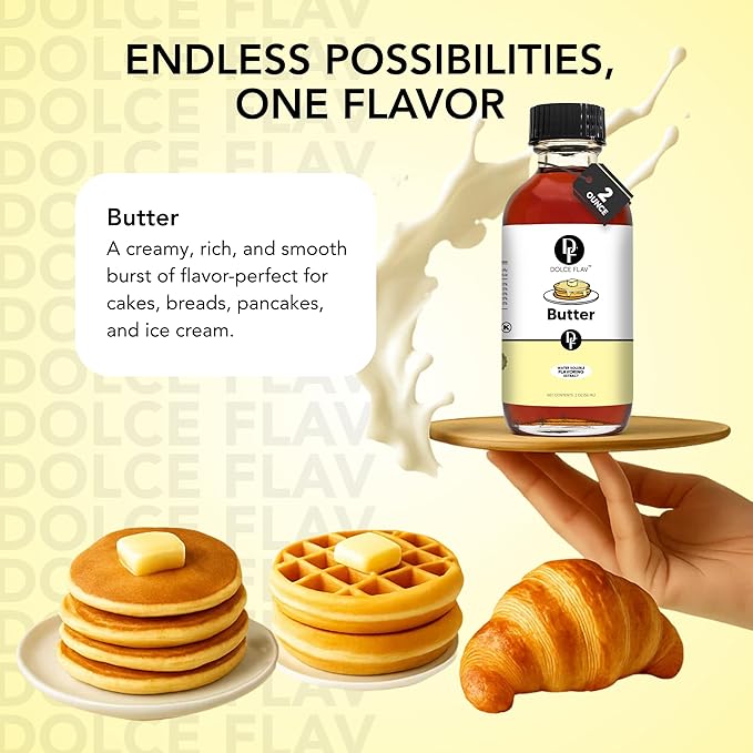 Dolce Flav Butter Extract – 8 Ounce Water-Soluble Kosher, Sugar-Free, Concentrated Imitation Butter Flavor for Baking, Cookies & Frostings, Includes Measured Dropper