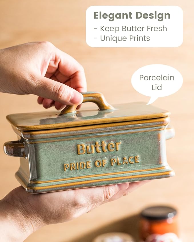 Butter Dish with Lid, Ceramic Butter Holder Container Large Butter Dish for Countertop Farmhouse Decor Butter Keeper for East West Coast Butter, Green