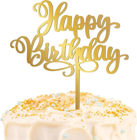 1PCS Gold Happy Birthday Cake Topper, 5.1 x 6.5 Inches Mirror Acrylic Signs Birthday Cake Decorations, Birthday Cake Toppers for Baby Shower, Gender Reveal Cake Decorations, Dessert Parties