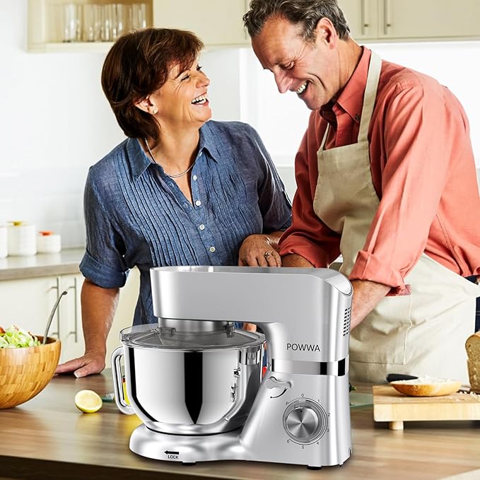 Stand Mixer, POWWA 7.5 Quart Electric Mixer, 6+1 Speed 660W Tilt-Head Kitchen Food Mixers with Whisk, Dough Hook, Mixing Beater & Splash Guard for Baking, Cake, Cookie (Silver-with Handle)